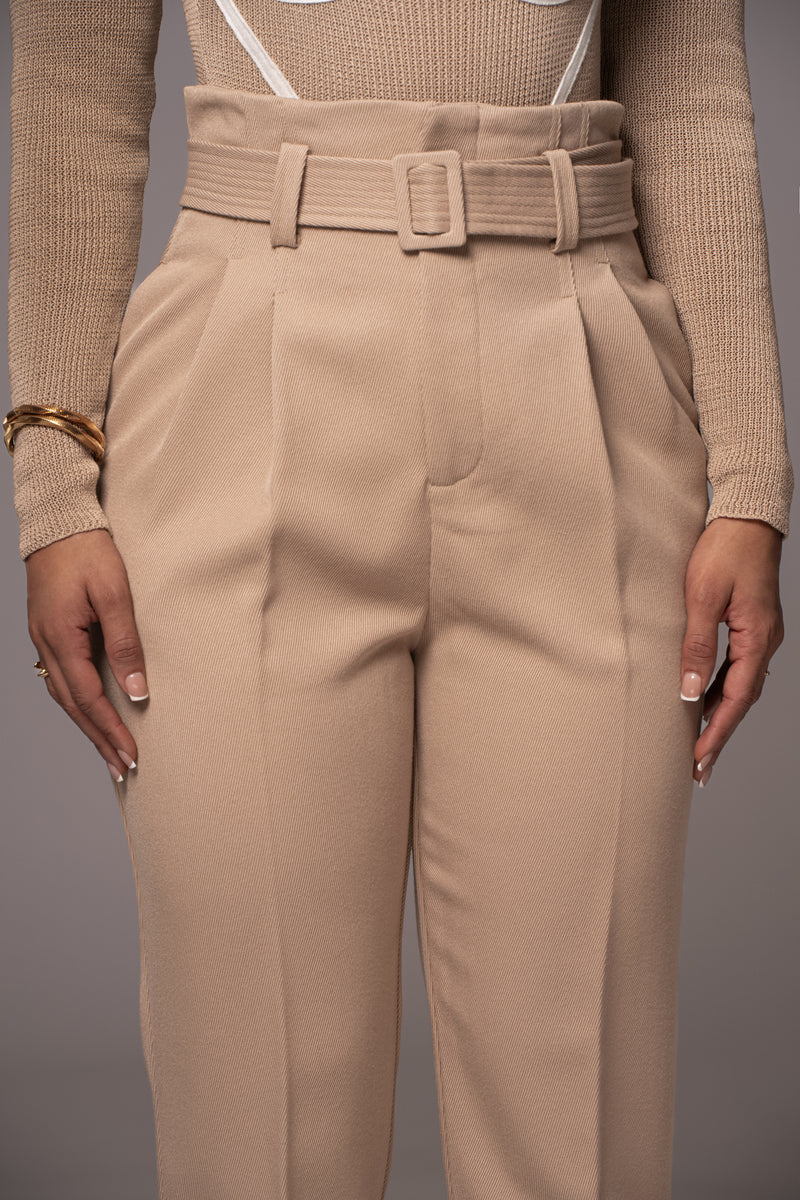 Beige High Rise Tapered Fit Pants